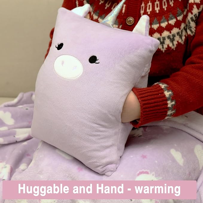 3-in-1 Kids Travel Pillow and Blanket Set, Snuggle Pillow with Hand Warmer, 40x60 inches Unicorn Blanket for Girls Compact, Perfect for Travel, Camping, Home and Office