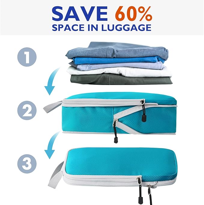 Compression Packing Cubes, 10 Set Packing Cubes for Travel Compression, Lightweight Compressible Package Organizer for Carry On and Suitcases, DustyBlue and Grey