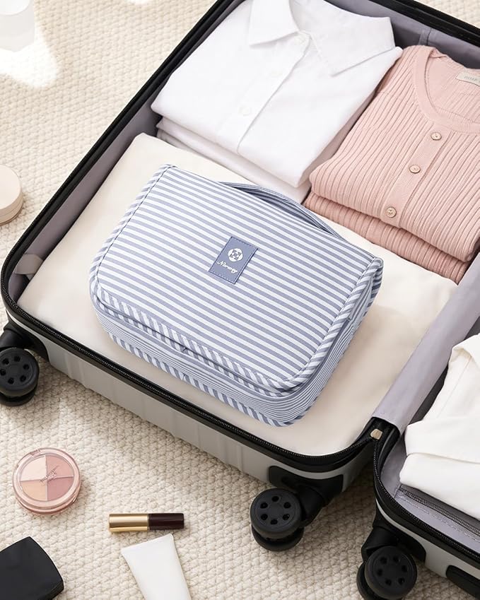 Narwey Small Hanging Toiletry Bag for Travel Women Girl, Striped Toiletries Travel Bag with Hook, Hanging Makeup Bag Organizer Make Up Cosmetic Bags (Greyish Blue Stripe)