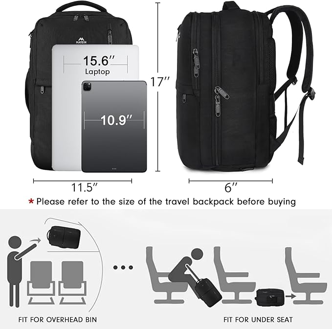 MATEIN Travel Laptop Backpack, Flight Approved Carry on Backpack Shoe Compartment, Large Personal Item Bag Fits 15.6 inch Laptop, Water Resistant Luggage Overnight Weekender Bag, Black