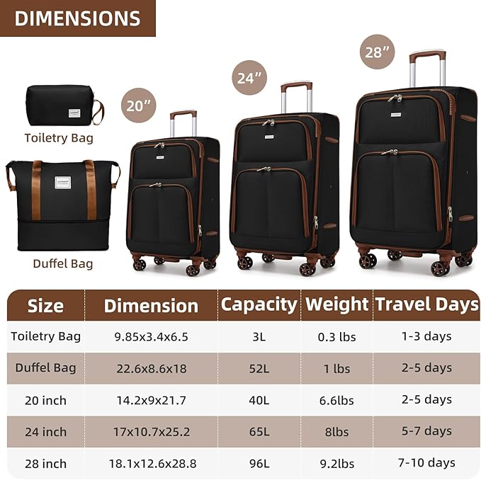 LARVENDER Luggage Sets 5 Piece Softside Expandable Suitcases Set with Spinner Wheels TSA Lock, Lightweight Soft Shell Rolling Travel Luggage Set Clearance for Men and Women, Black Brown
