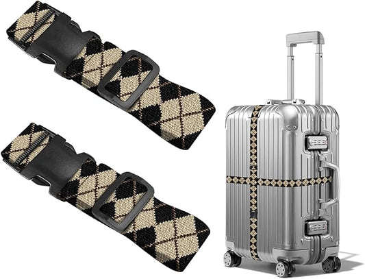 Nuxovilar Luggage Straps Black Beige Argyle Polyester 1.96x90.5inch 2 Set Suitcase Cargo Strap Travel Supply Backpacker Journey Resort Picnic