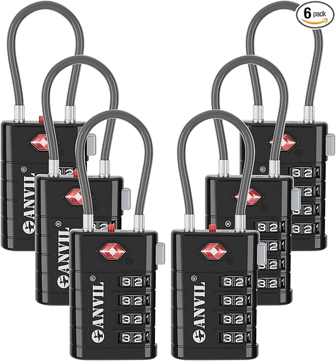 ANVIL TSA Approved Luggage Locks with Search Alert Indicator, 4-Digit Combination Suitcase Lock, Advanced TSA008 Core Heavy Duty Anti-Theft Travel Lock for Double Zippers, Backpacks (6, Black)