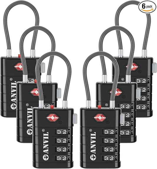 ANVIL TSA Approved Luggage Locks with Search Alert Indicator, 4-Digit Combination Suitcase Lock, Advanced TSA008 Core Heavy Duty Anti-Theft Travel Lock for Double Zippers, Backpacks (6, Black)