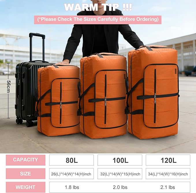 80L EXTRA LARGE Duffle Bag for Travel, 26" Foldable Travel Duffel Bag with Shoe Compartment for Men Women, Waterproof & Tear Resistant (Orange, EXTRA LARGE, 80L)