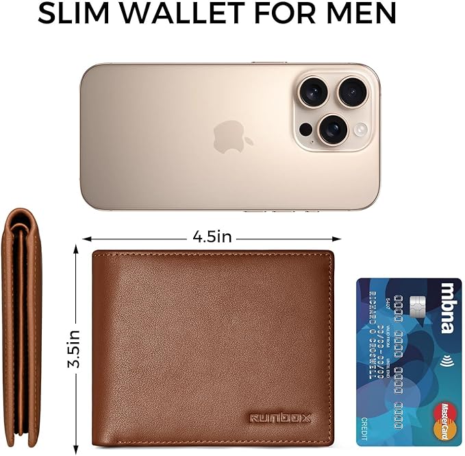 RUNBOX Leather Wallet for Men, Genuine Leather Mens Wallet Bifold Rfid Blocking with 12 Cards and 2 ID Windows, Minimalist Wallet for Men with Gift Box