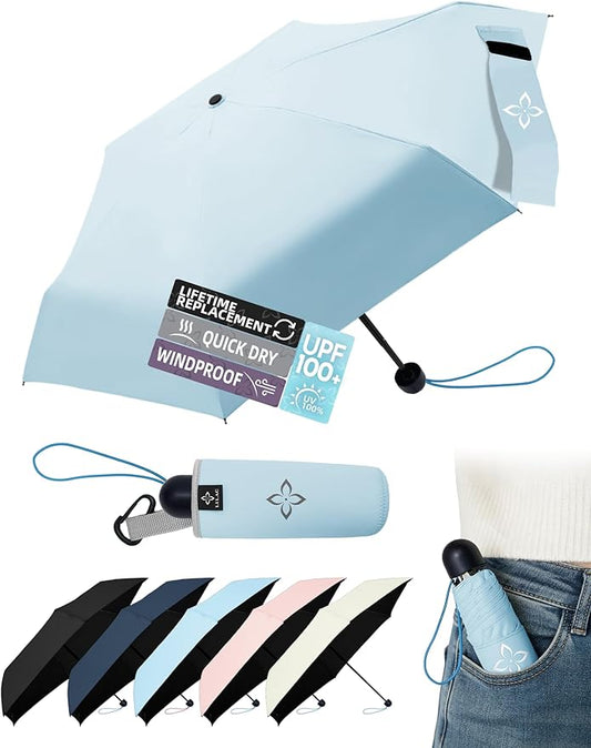 Mini Travel Umbrella for Rain - 43" Large Coverage Small Compact Umbrella, Reinforced Strong Frame, Lightweight Portable Parasol with UPF 100+ UV Protection, Gifts for Adults, Seniors & Students