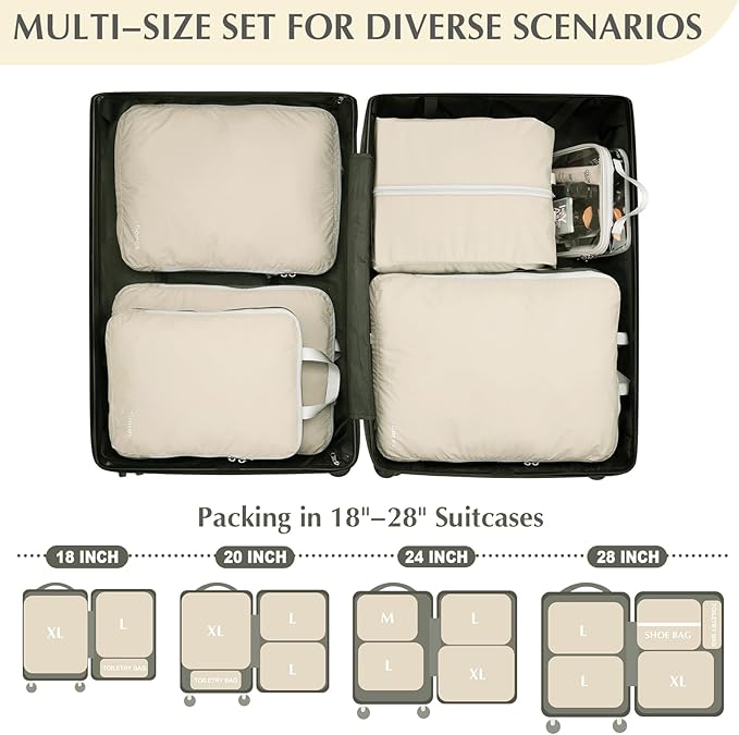 Gonex Compression Packing Cubes, 6pcs Expandable Storage Travel Luggage Bags Organizers with Shoe Bag, Clear Toiletry Bag (Cream)