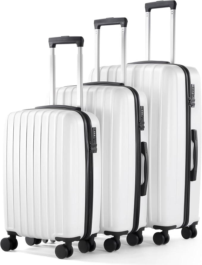 Luggage Sets 3 Piece, Hardside Lightweight Suitcase sets with Spinner Wheels, Large Checked Travel Suitcase for Family Travel，Suitcases Sets 20 24 28 Inch, WHITE