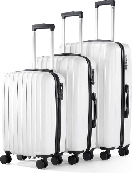 Luggage Sets 3 Piece, Hardside Lightweight Suitcase sets with Spinner Wheels, Large Checked Travel Suitcase for Family Travel，Suitcases Sets 20 24 28 Inch, WHITE