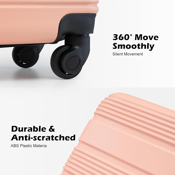 LONG VACATION 6 Piece ABS+PC Hardshell Luggage Set with Spinner Wheels, Lightweight suitcase set with TSA Lock & YKK Zipper, Pink
