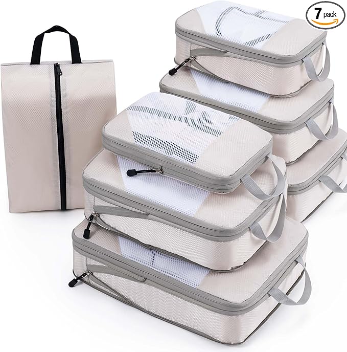 Meowoo 7 Set Compression Packing Cubes for Travel, Durable Ripstop Mesh Suitcase Organizer with Shoe Bag, Ultralight & Expandable Space Saver Travel Cubes