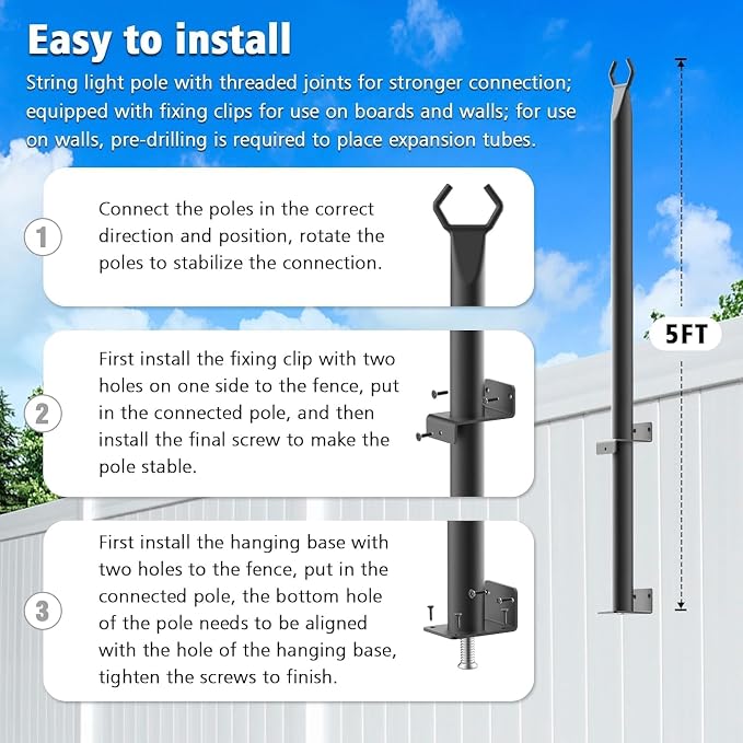Beizelte 8 Pack 5Ft String Light Poles,Outside String Lights,Outdoor Light Poles,Metal Poles Stand for Patio,Backyard,Deck
