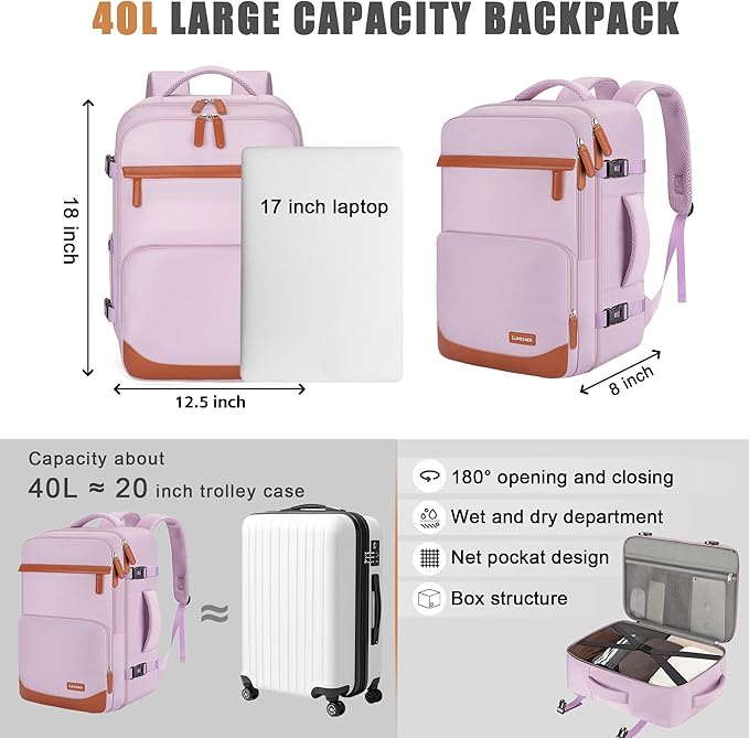 40L Travel Backpack, Water-Resistant Carry On Backpack for Men Women, Business Laptop Backpack for Trips & Commutes, Fits 15.6/17.3 Inch Laptop