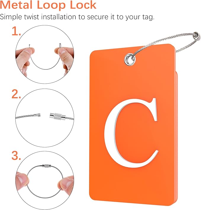 Gostwo 2 Pack Luggage Tags for Suitcases, 26 Initial Letter Travel Luggage Baggage Identification Labels ID Tag Fully Bendable Tags with Stainless Steel Loop (Orange) (Letter C)