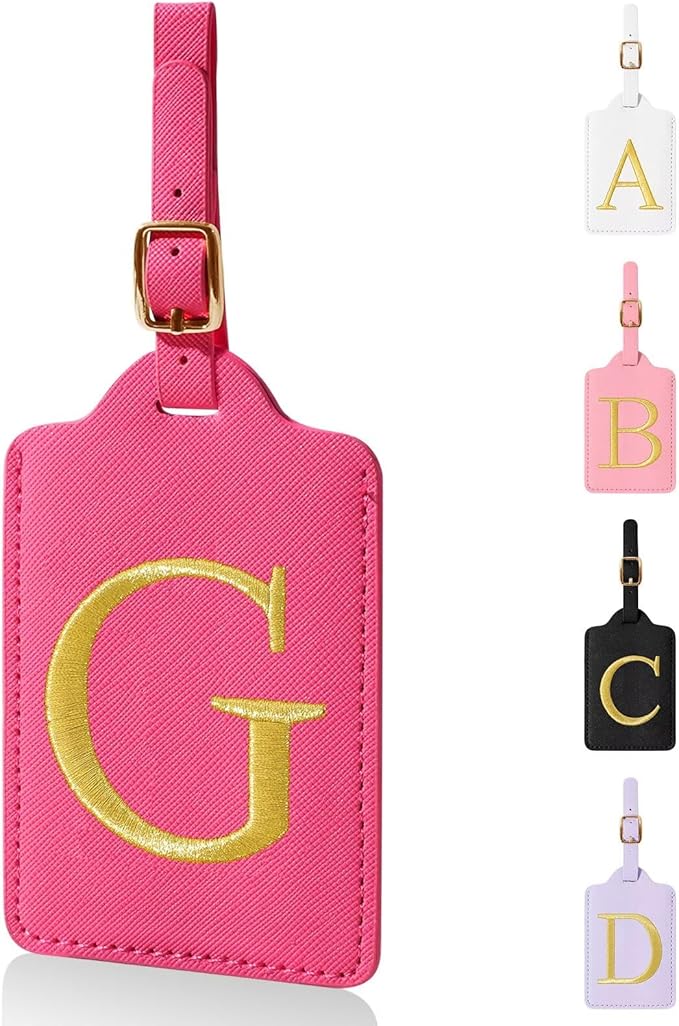 Personalized Initial Luggage Tags for Suitcases,Leather Letter Cute Luggage Tags with Privacy Name Card,Embroidered Monogrammed Travel Bag Backpack Tag Gifts for Women Kids Girls Teens(Rosered-G)