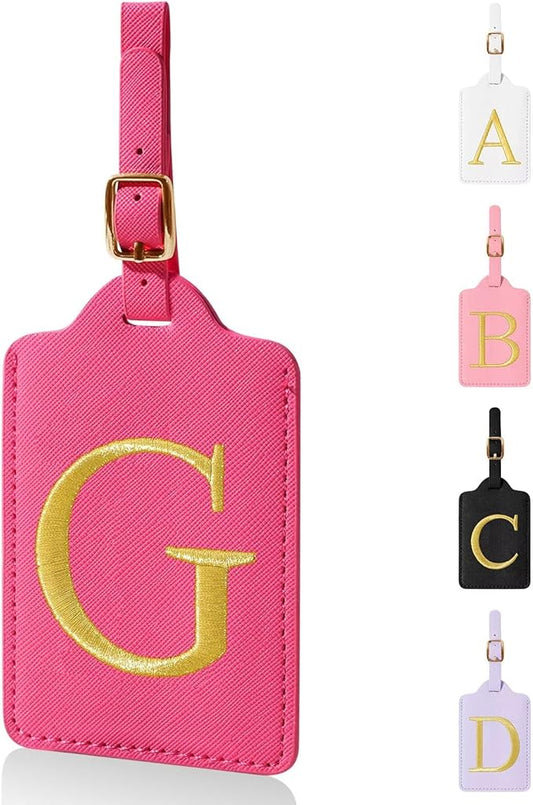 Personalized Initial Luggage Tags for Suitcases,Leather Letter Cute Luggage Tags with Privacy Name Card,Embroidered Monogrammed Travel Bag Backpack Tag Gifts for Women Kids Girls Teens(Rosered-G)