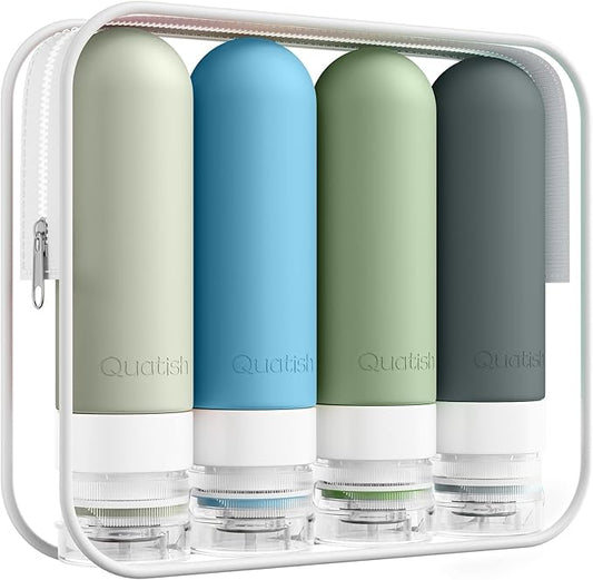 Quatish Travel Bottles for Toiletries, Original Patented Leak Proof Travel Size Containers, 3 oz Tsa Approved Silicone Shampoo and Conditioner Bottles, 4 Pack, Morandi