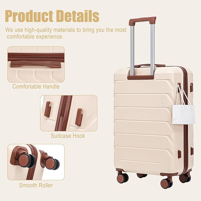 28 Inch Checked-Large Luggage, Lightweight ABS Hard Shell Suitcase with Spinner Wheels, Expandable Travel Luggage with Combination Lock & Side Hooks for Men Women (Beige, 28)