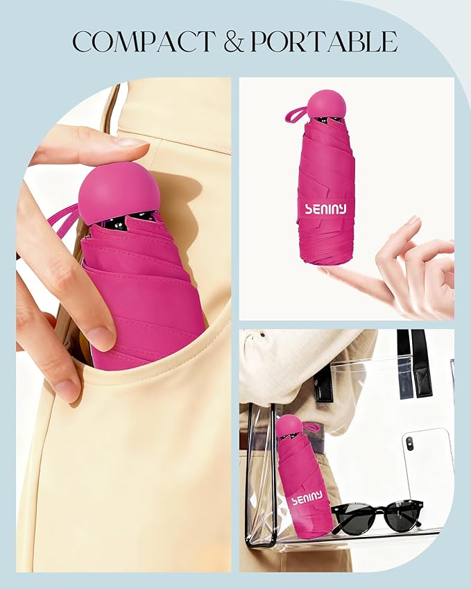 Seniny Mini Portable Travel Umbrella with Case - Compact Umbrellas for Rain & Sun UV Protection for Backpack Pocket, Lightweight Folding Small Umbrella, Tiny Purse Size UV Blocker for Kids Women Girls