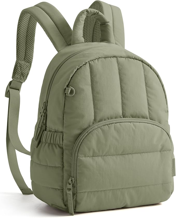 BAGSMART Mini Backpack for Women, Lightweight Puffer Small Backpack Purse, Quilted Casual Travel Daypack, Cute Water-Resistant Bookbag for Daily, Olive Green