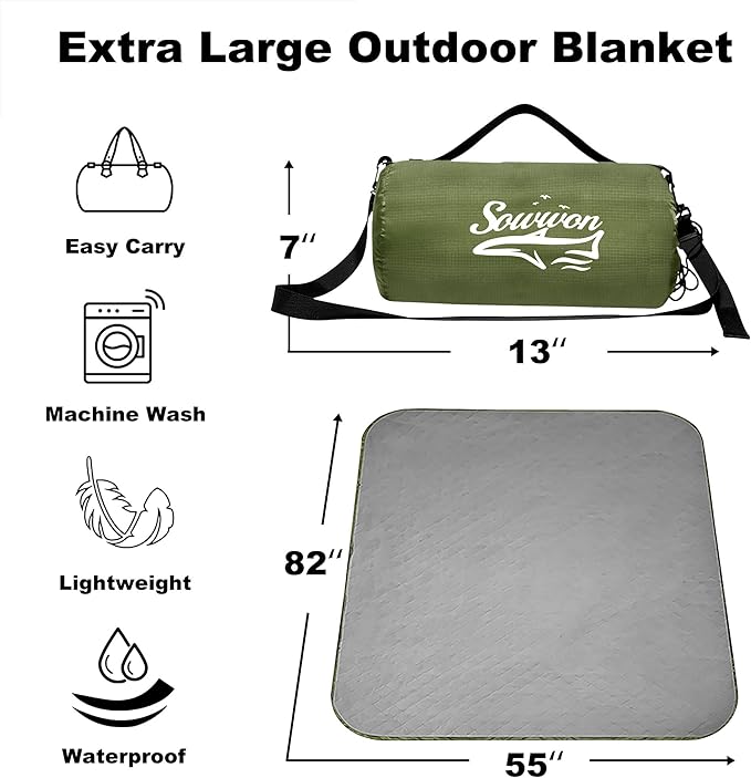 Waterproof Outdoor Blanket 82”X 55” Packable, Stadium Blankets for Camping with Quilted Fleece Lining, Large Windproof Emergency Throw Mat for Garss Picnic Hiking Road Trip, Machine Washable, Green