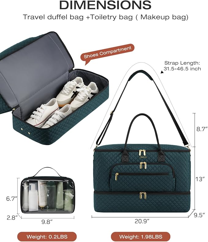 Travel Duffle Bag, Wide Open Large Weekender Bag for Women with Shoe Compartment, Carry on Overnight Bags with Toiletry Bag, Hospital Bag for Women Labor Delivery with Wet Pocket (Dark Green)