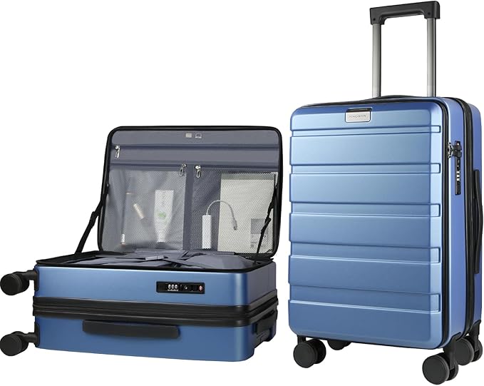 KROSER Carry On Luggage with Spinner Wheels & Built-in TSA Lock, Expandable Top Opening Hard Shell Suitcase Large Capacity Durable Rolling Luggage with USB Port, Carry-On 20-Inch, Light Blue