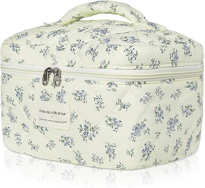 Large Travel Quilted Makeup Bag for Women,Big Floral Cotton Cosmetic Bag, Cute Coquette Aesthetic Floral Toiletry Organizer Bag (Blue Flower)
