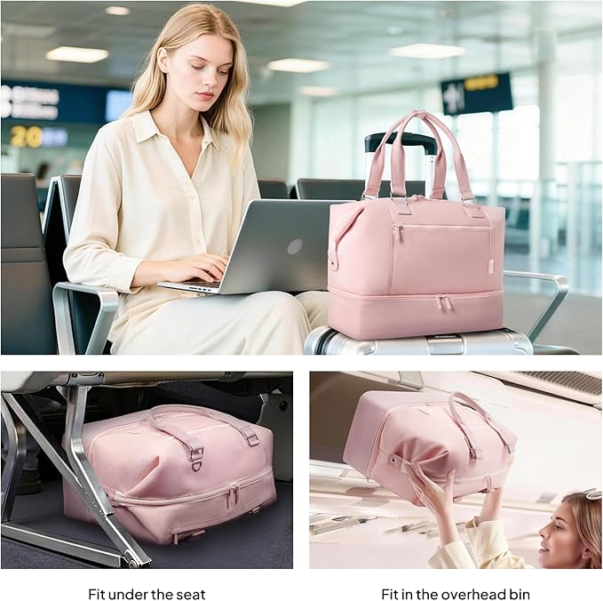 Travel Duffle Bag for Women, 40L Weekender Bags Airline Approved Carry On with Shoe Compartment & Waterproof Wet Pocket, Durable Nylon Weekender Overnight Bag for Travel, Gym, Business Trip, Pink