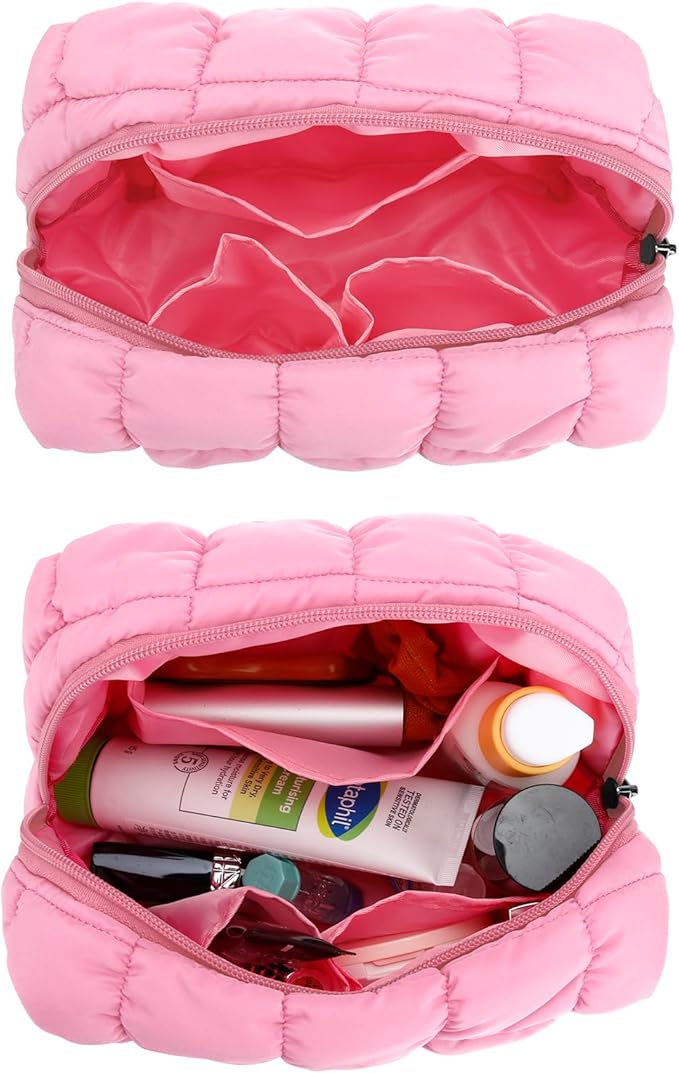 E-Tree Cute Makeup Bag,Quilted Cosmetic Bag for Women,Make up Pouch for Purse,Toiletry Zipper Pouch,Checkered Bag,Travel Case,Storage Pouches for Organization (Pink)