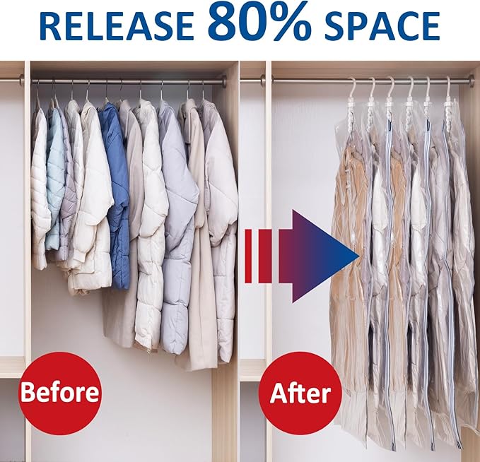 Hanging Vacuum Storage Bags, 6 Pack Large Hanging Vacuum Seal Garment Bags for Clothing, Space Saver for Clothes, Suits, Dresses, Jackets, Clothing Storage for Moving Supplies(53.1x27.6 in)