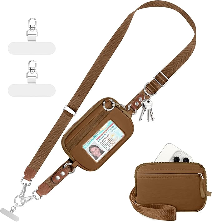 Tiostep Clip and Go Strap for Phone with Wallet Crossbody Phone Lanyard Adjustable and Detachable RFID Wristlet Wallet with ID Window and Zipper, Brown Large