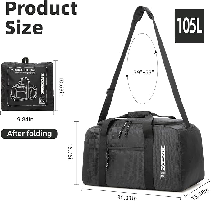 Foldable Travel Duffel Bag, Lightweight & Easy to Carry Water-Repellent Duffle Bag - 2-Way Zipper & Interior Pouch, Ideal for Weekend Trips, Daily Use,Camping，Sports