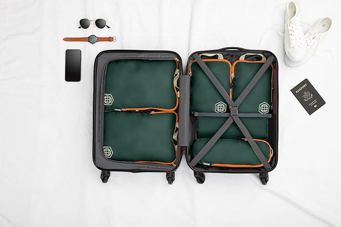 Compression Packing Cubes 6 Piece Set for Carryon Suitcases- Lightweight, Durable Clothes Organizer (Green and Orange)