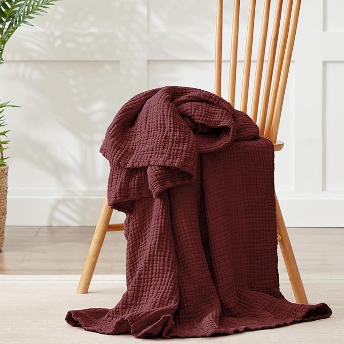100% Cotton Muslin Blanket Twin 66" x 90", 6 Layers Breathable and Lightweight Cotton Blankets for Couch, Soft Cooling Summer Gauze Blanket for Adults All Season, Burgundy