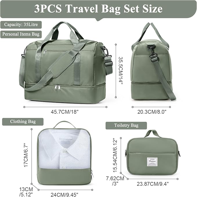 Travel Duffel Bag for Women, Carry-on Overnight Weekender Bags with Wet Pocket & Toiletry Bag, For Spirit Airlines 18x14x8 Personal Item Bag,3 Pcs Set,Small,Olive Green