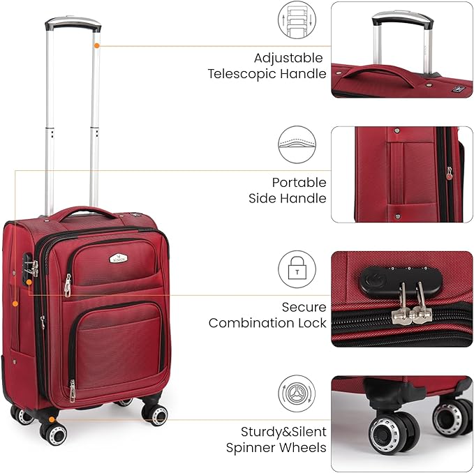 20'' Carry on Luggage,Softside Suitcase w/Combination LOCK,Expandable 15% Luggage w/Double Spinner Wheels,Lightweight Rolling Suitcases for Men/Women（Red,20in）