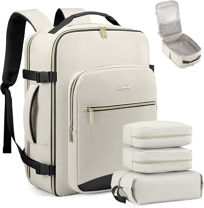 LOVEVOOK Travel Backpack for Women & Men 40L,Airline Approved Carry On Backpack Travel Essentials,TSA Carry on Luggage,Waterproof Personal Item Travel Bag,Suitcase with 3 Packing Cubes,Beige-Black