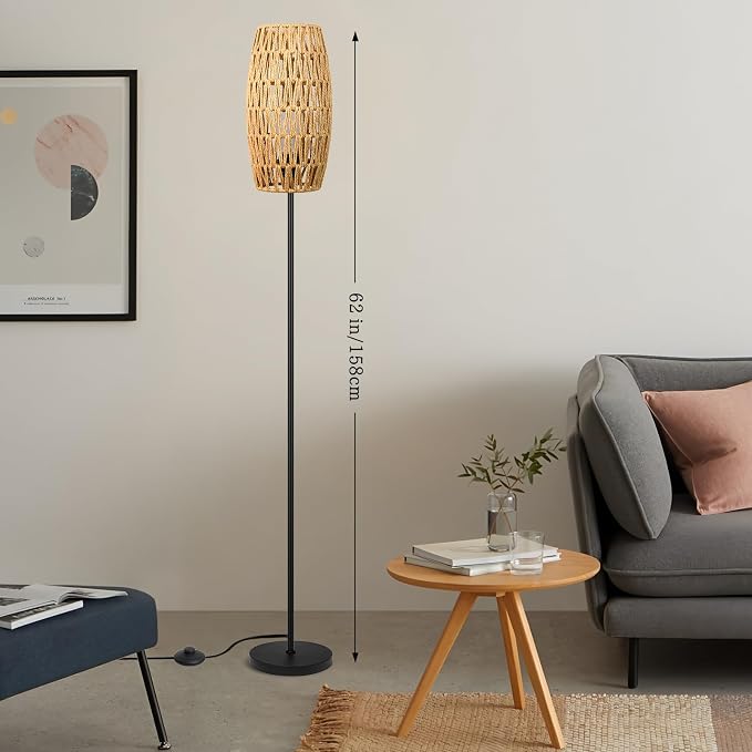 Ruiever Floor Lamp for Living Room,Farmhouse Floor lamp,Modern Standing lamp with Hand-Worked Rattan Shade (Drum Rattan Shade Black Body Color-3 Color Bulb)