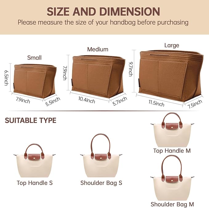 OPPOSHE Purse Organizer Insert for Longchamp Le Pliage, Premium Felt Long Champ Bag Handbag Women, Tote Organizer Insert with 9 Compartments (Large, Earth Brown)