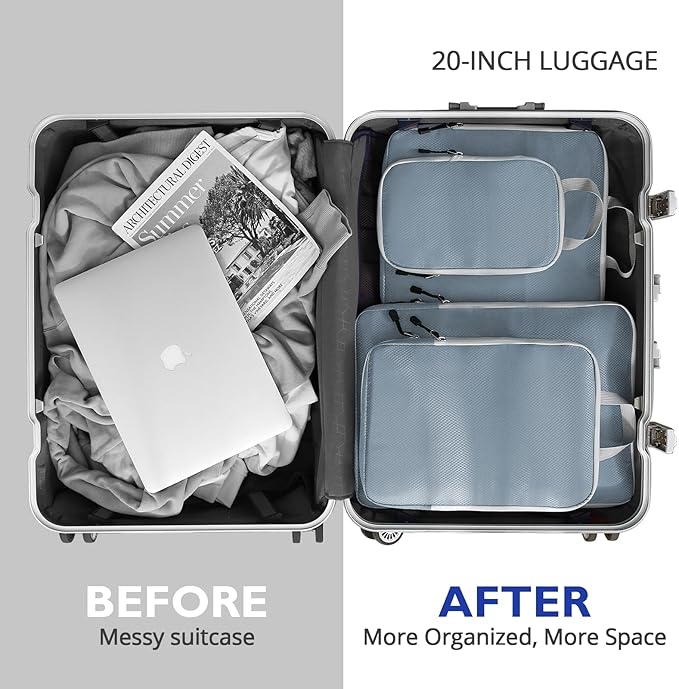 Compression Packing Cubes, 8 Set Packing Cubes for Travel Compression, Lightweight Compressible Package Organizer for Carry On and Suitcases, Lake Blue and Grey