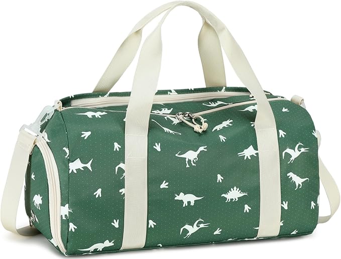 CAMTOP Kids Duffel Overnight Bag Boys Girls Toddler Weekender Carry-On Personalized Tote for Travel Gym Sport (A-Green Dinosaur)
