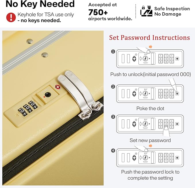 mixi 24 Inch Checked Luggage PC Hard Shell Suitcase Top Opening Aluminum Frame Travel Suitcases with Wheels, Lark Yellow