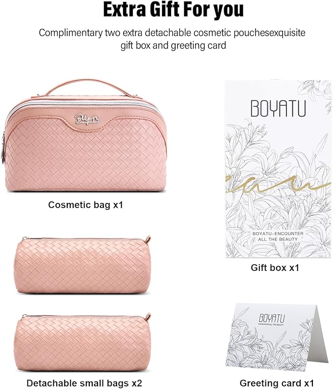 BOYATU Travel Makeup Bag Cosmetic Bags for Women: Large Capacity 3 Pcs Set Make up Bag with Compartments - Waterproof Vegan Leather Toiletry Organizer Bags with Handle (L04 Light Pink)
