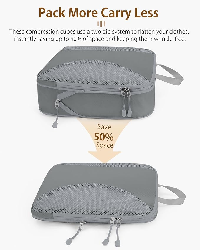 Compression Packing Cubes 8 Sets, Packing Organizers, Extensible Suitcase Organiser Bags, Travel Organizer Cubes for Travel Essentials Grey