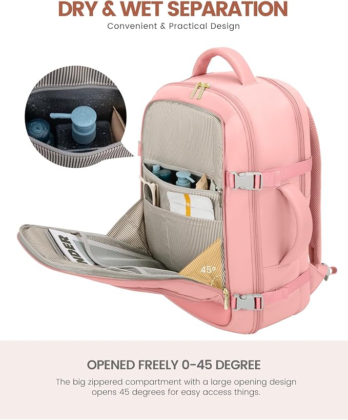 LOVEVOOK Travel Backpack For Women, 40L Carry On Backpack Flight Approved, TSA Personal Item Backpack Fits 17 Inch Laptop, Business Weekender Overnight Waterproof Daypack With 2 Packing Cubes, Pink