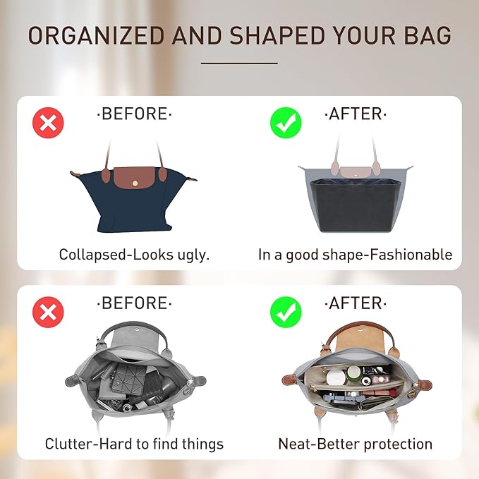 Doxo Upgraded Purse Organizer Insert Compatible with Long Champ Large and More, Ultra-light Waterproof DupontPaper le-pliage Large Bag Organizer, Keeps Tote Handbag Neat(Black&Blue,L)