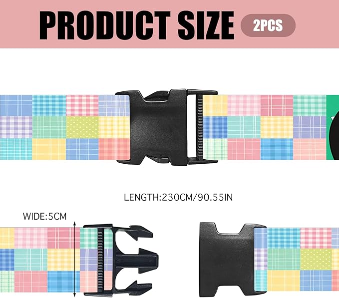 Nuxovilar Luggage Straps Multi-Color Check & dot Polyester 1.96x90.5inch 2 Set Suitcase Cargo Strap Travel Item Student Travel Bus Stop Short Trip