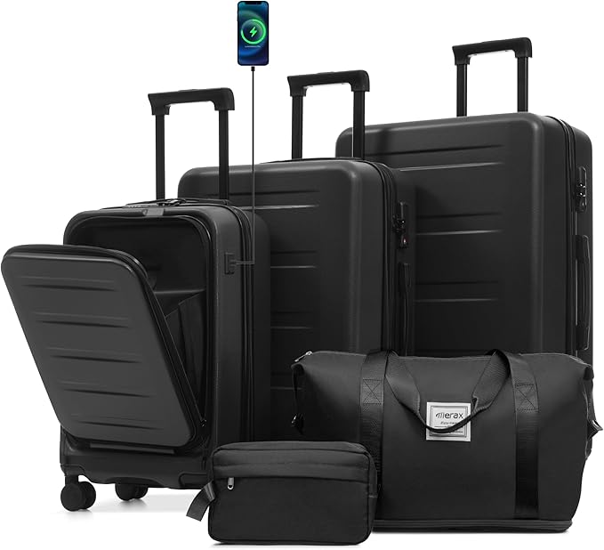 Merax Luggage Sets 5 Piece,Front Open Hardshell Expandable Suitcase with Spinner Wheels and Duffel Bags,Lightweight Carry on Luggage with USB Port,20/24/28IN,Black